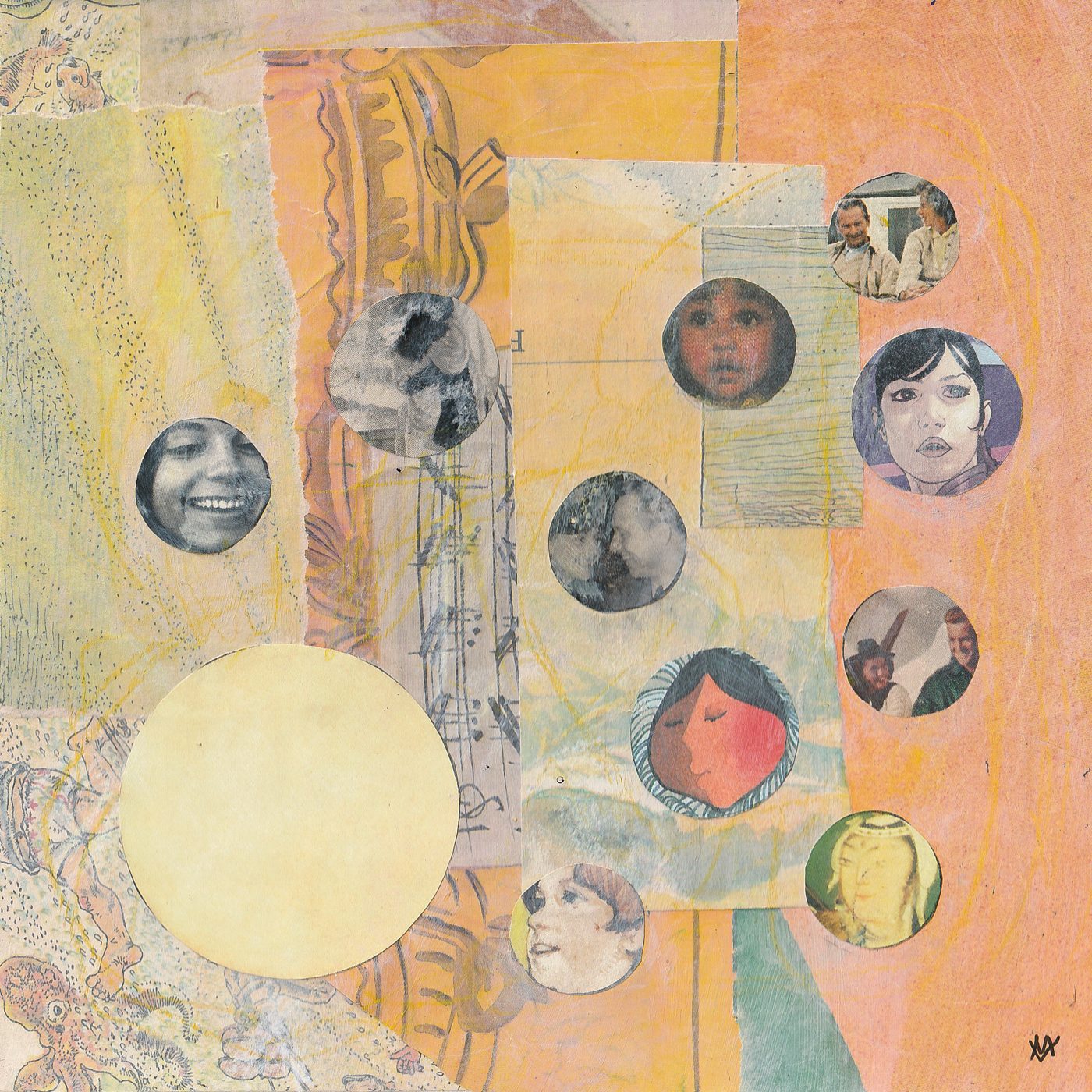Collage artwork by Mark Vargo: paper circles holding faces on a warm orange and yellow background