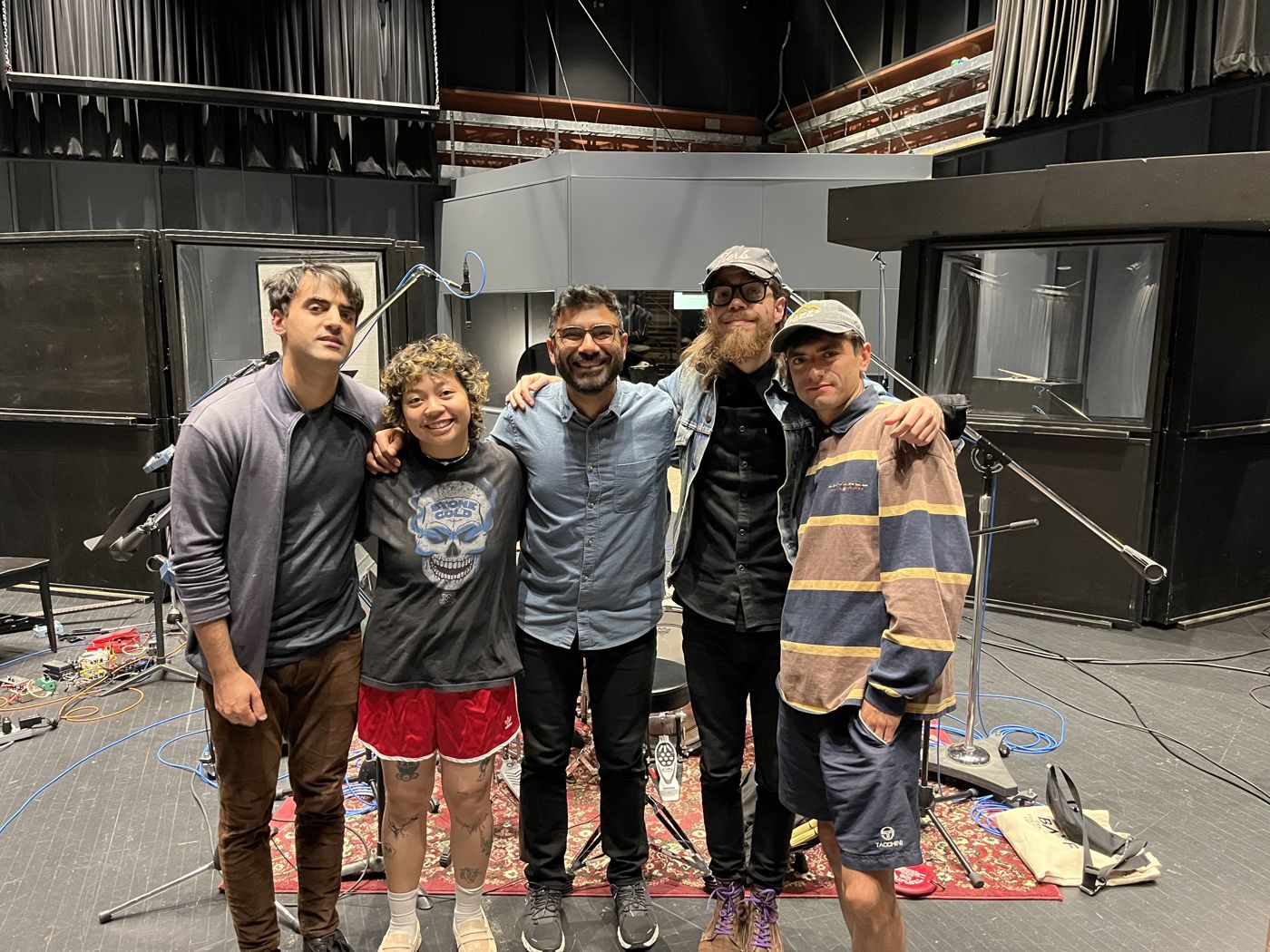 The band in the studio at Banff: Niran Dasika, Gabriala LeCounsay, Dhaivat Jani, Patrick O'Rilley and Amelia Dorsela