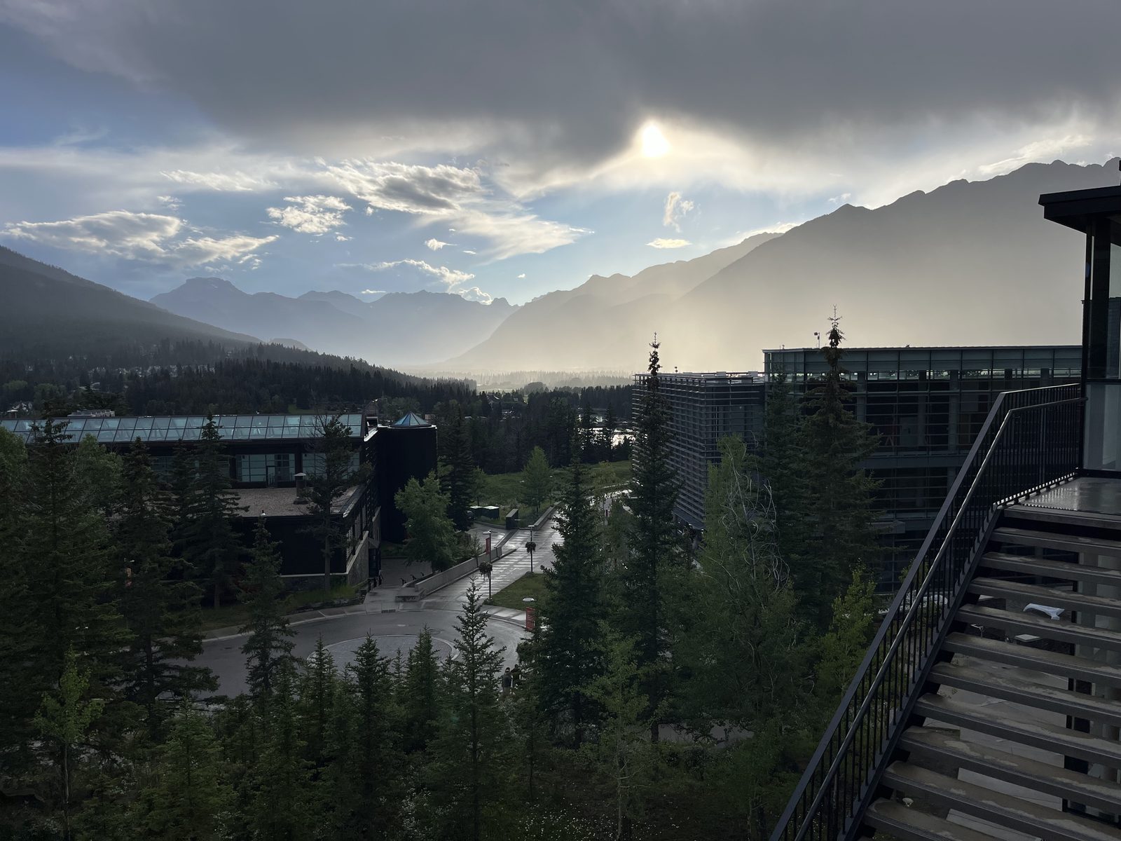 Mountains and evening light over the Banff Centre campus