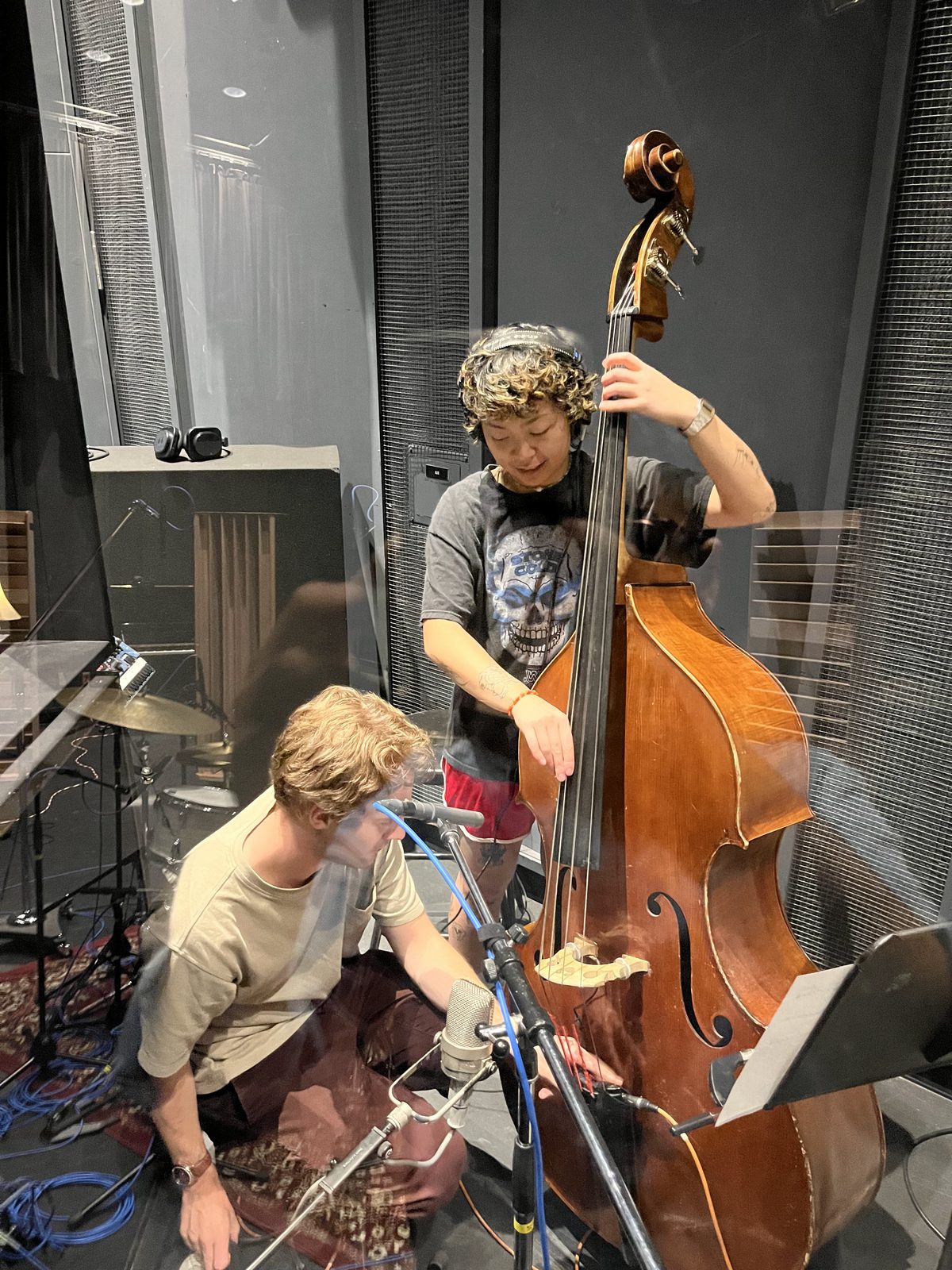 Double bass and guitar recording in the live room